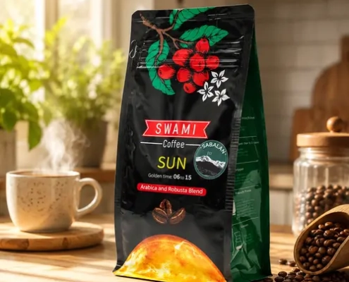 Black SWAMI Coffee packaging for the “SUN” blend (Arabica & Robusta, Golden Time: 06:15), featuring coffee cherries and a sun graphic. Photographed with a steaming cup of coffee, a wooden scoop of beans, and window light.