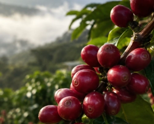Close-up macro shot of a cluster of ripe, glossy red Arabica coffee cherries on a branch at a SWAMI coffee farm with a soft-focus, misty mountain background.