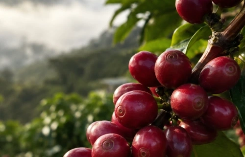 Close-up macro shot of a cluster of ripe, glossy red Arabica coffee cherries on a branch at a SWAMI coffee farm with a soft-focus, misty mountain background.
