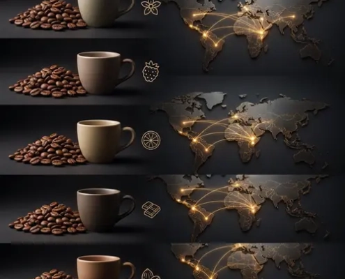 A dark, premium-style infographic showing five coffee flavor profiles. Each row features a cup of coffee beside roasted coffee beans, paired with an icon representing a flavor note: floral, berry, citrus, chocolate, and nutty. On the right side of each row, a glowing world map illustrates global sourcing and distribution routes connecting coffee-growing regions across multiple continents. The design uses black and gold tones with a luxury branding aesthetic.