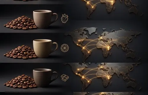 A dark, premium-style infographic showing five coffee flavor profiles. Each row features a cup of coffee beside roasted coffee beans, paired with an icon representing a flavor note: floral, berry, citrus, chocolate, and nutty. On the right side of each row, a glowing world map illustrates global sourcing and distribution routes connecting coffee-growing regions across multiple continents. The design uses black and gold tones with a luxury branding aesthetic.